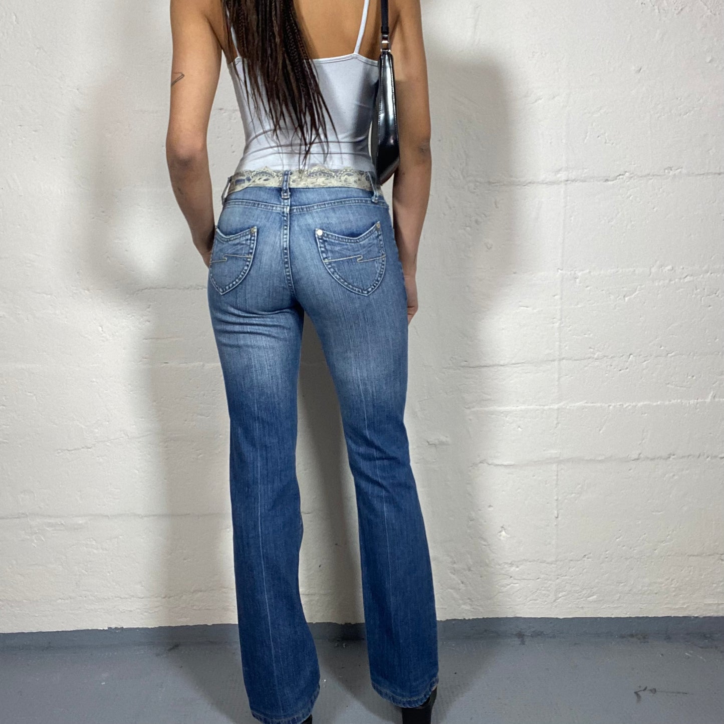 Vintage 2000's Archive Denim Boot Leg Pants with White Lace Belt Detail (S)