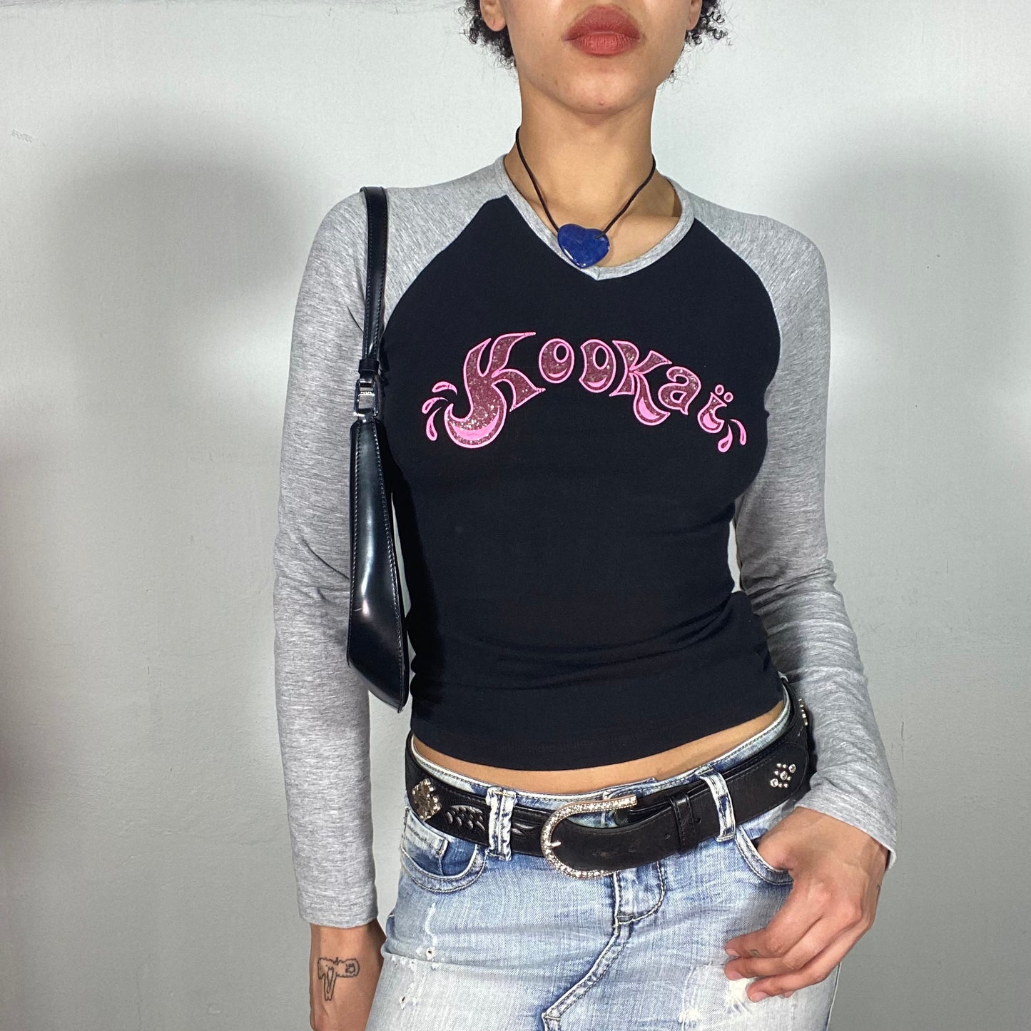 Vintage 2000's Skater Black and Grey Raglan Longsleeve with Pink 'Kookai' Print (S)