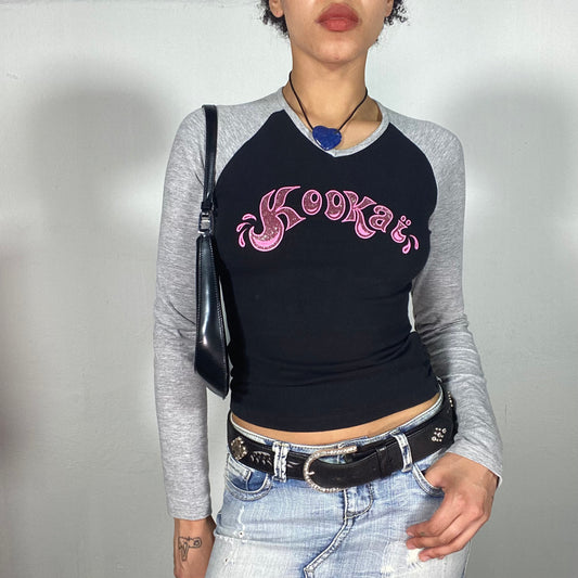 Vintage 2000's Skater Black and Grey Raglan Longsleeve with Pink 'Kookai' Print (S)