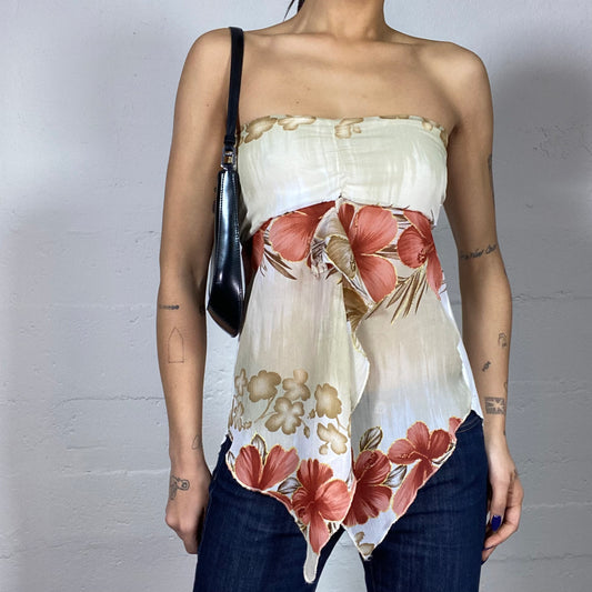Vintage 2000's Hawaii White Strapless Asymmetric Top with Hibiscus Maxi Floral Print (S/M)