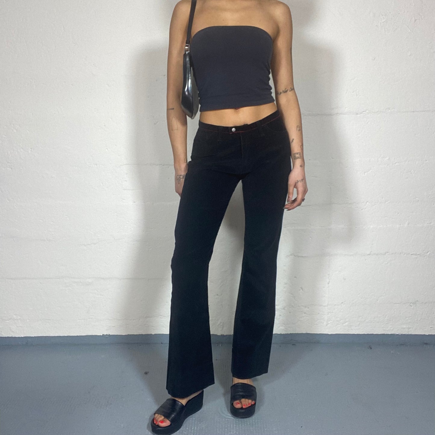 Vintage 2000's Replay Archive Black Denim with Boot Leg Pants Cut with Red Visible Seam Detail (S)