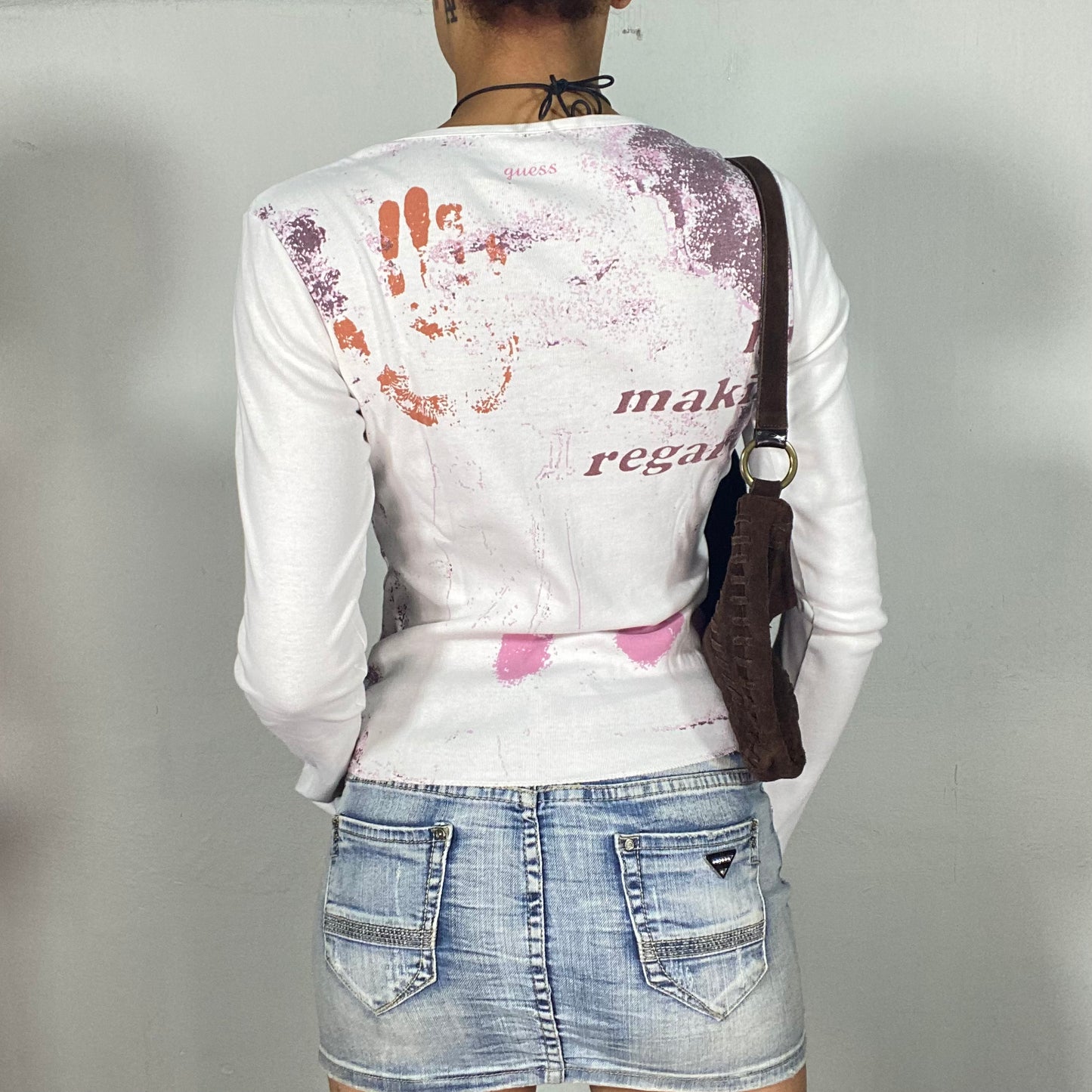 Vintage 2000's Grunge White Longsleeve with Pink Paint Print and Hook and Eye Detail (S/M)