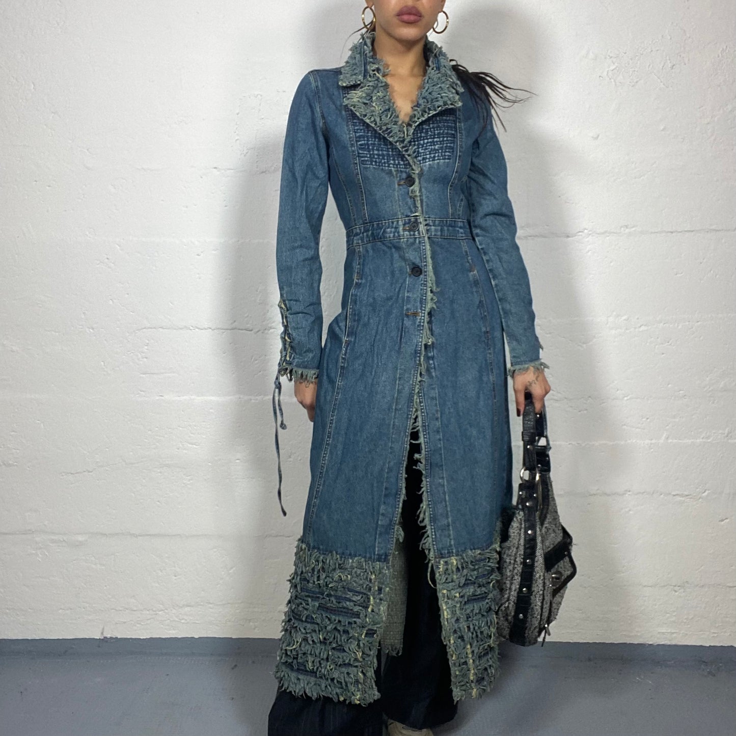 Vintage 2000's Archive Light Denim Long Coat with Raw Denim Fur Detail (S/M)