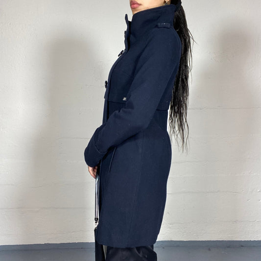 Vintage 2000's Miss Sixty Classic Navy Blue Long Coat with Maxi High Collar and Buttons Detail (M)