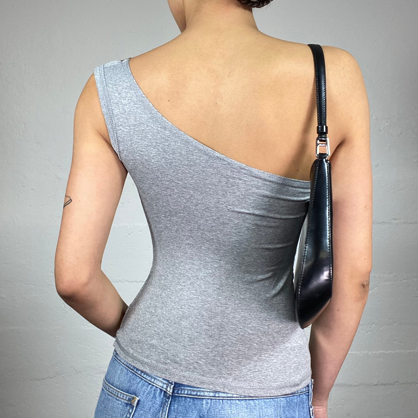 Vintage 2000's Sleaze Grey One Shoulder Top with Brown Butterfly Wing Print (S)