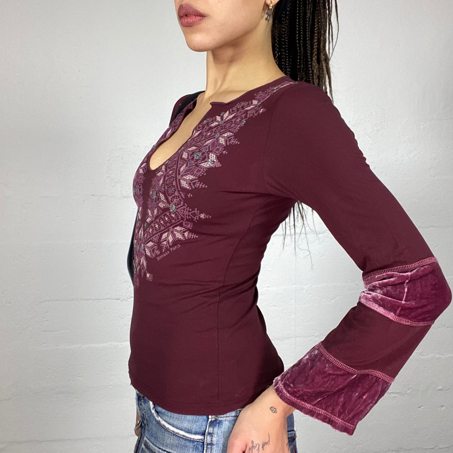 Vintage 90's Phoebe Buffay Garnet Longsleeve Top with Ethnic Print (M)