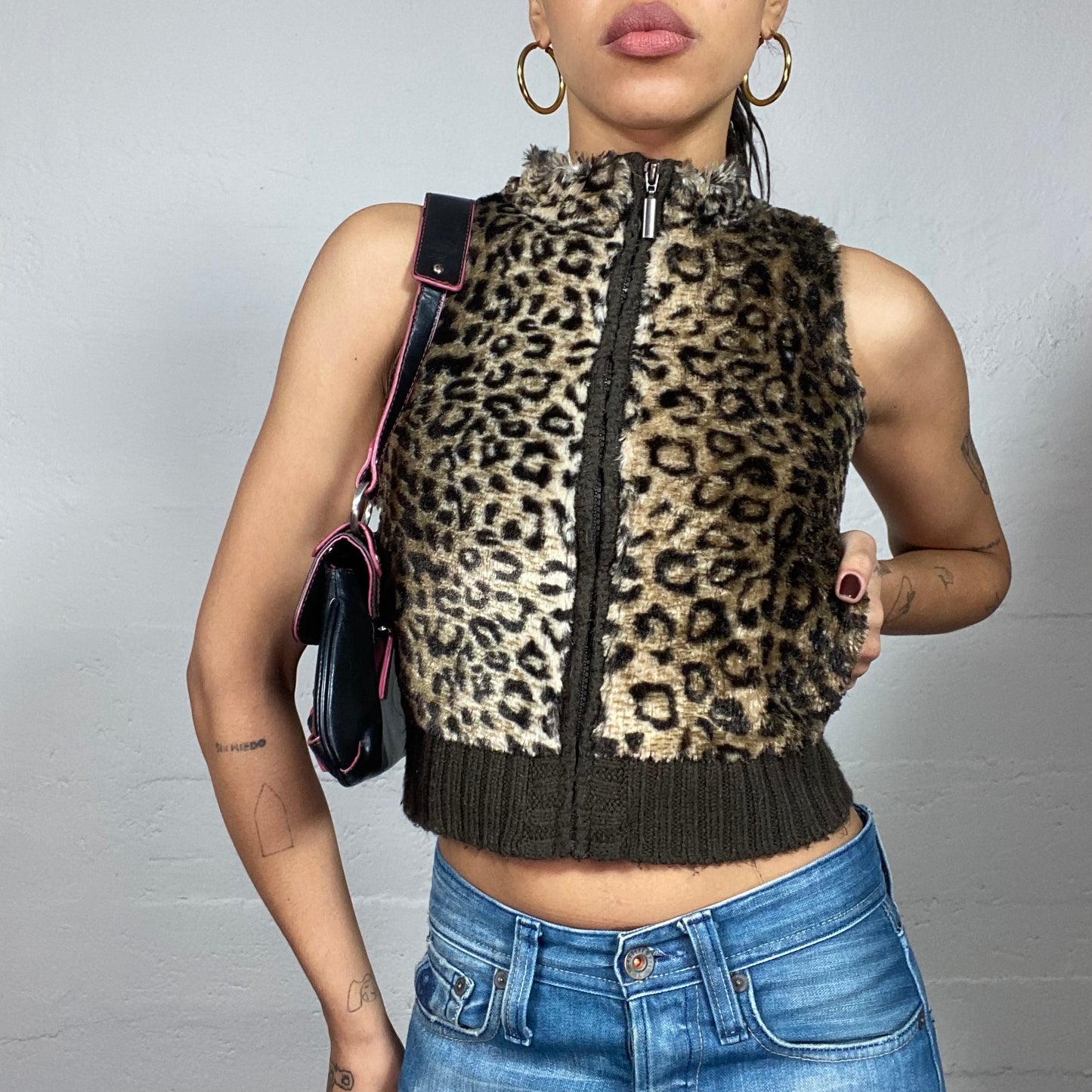 Vintage 2000's Bratz Faux Fur Brown Vest with Leopard Print (S)