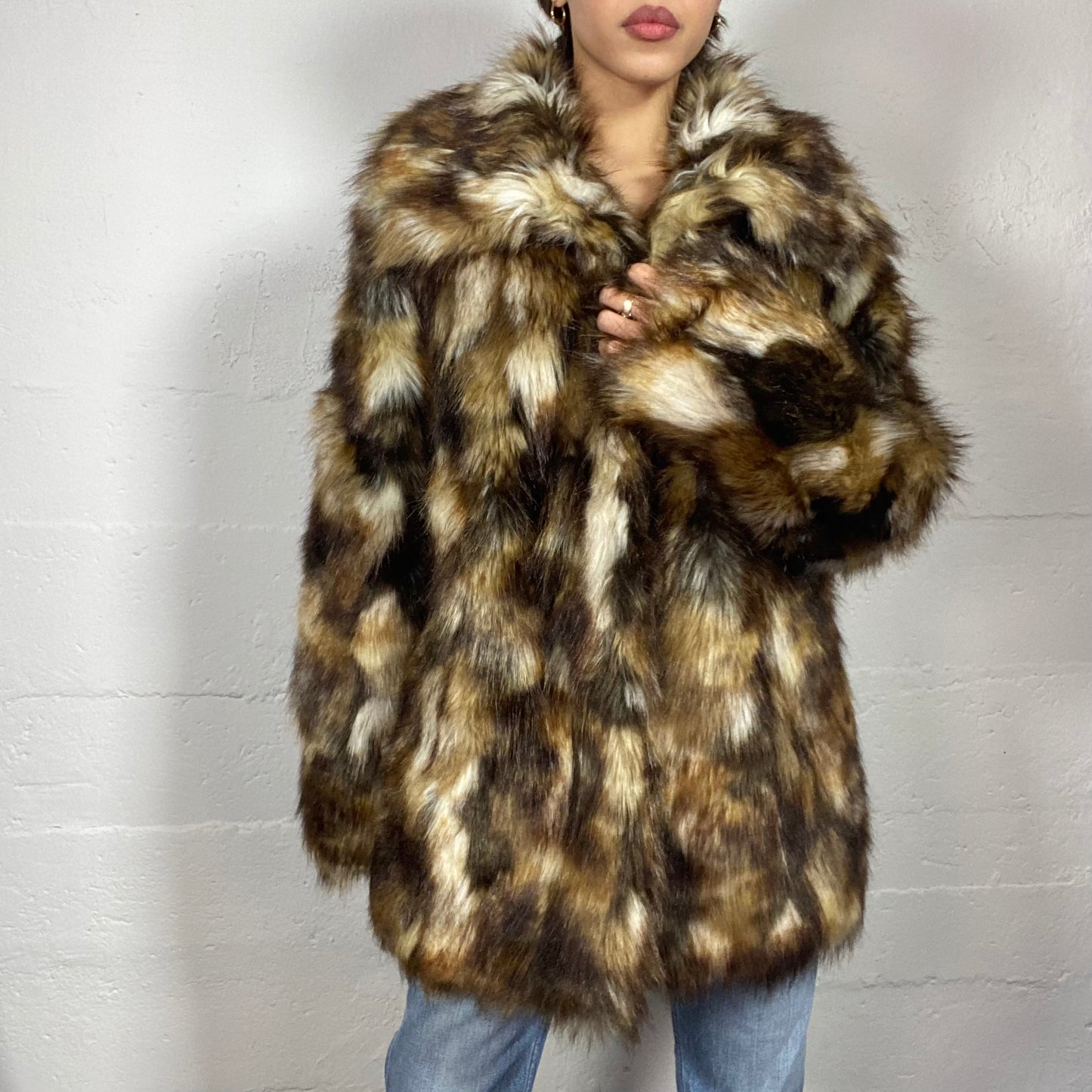 Vintage 90's Mob Wife Brown Mid Faux Fluffy Jacket with Tricolor Detail (M)
