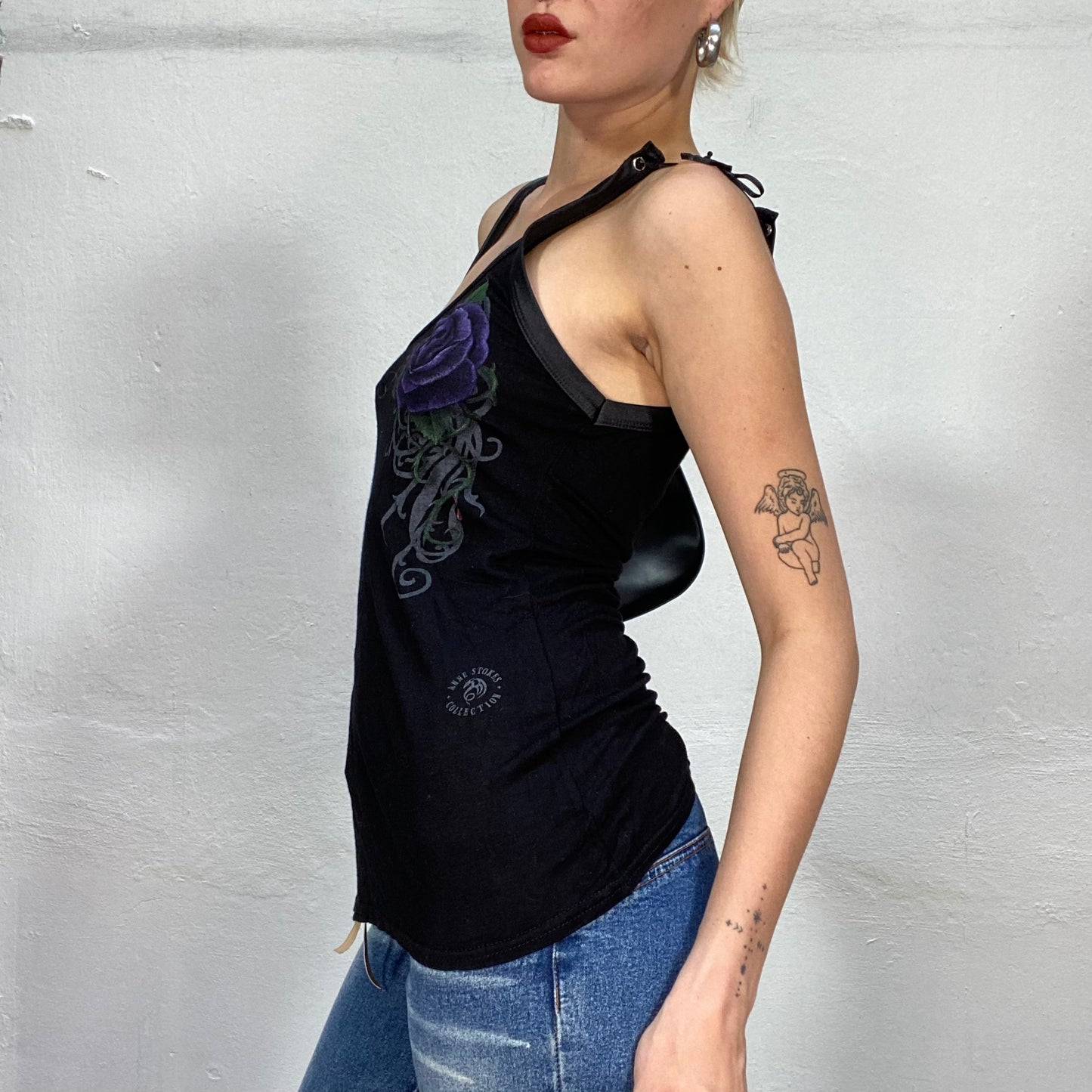 Vintage 2000's Gothic Black One Shoulder Top with Purple Skull & Rose Print and Lace Up Detail (S)