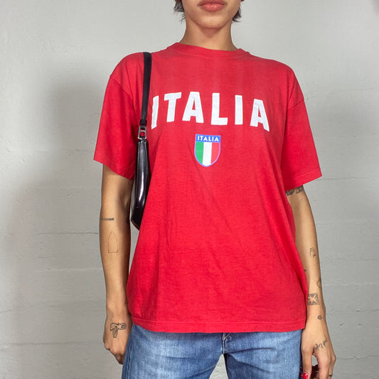 Vintage 2000's Sporty Girl Red Oversized Tee with  "ITALIA" Badge Print (M/L)