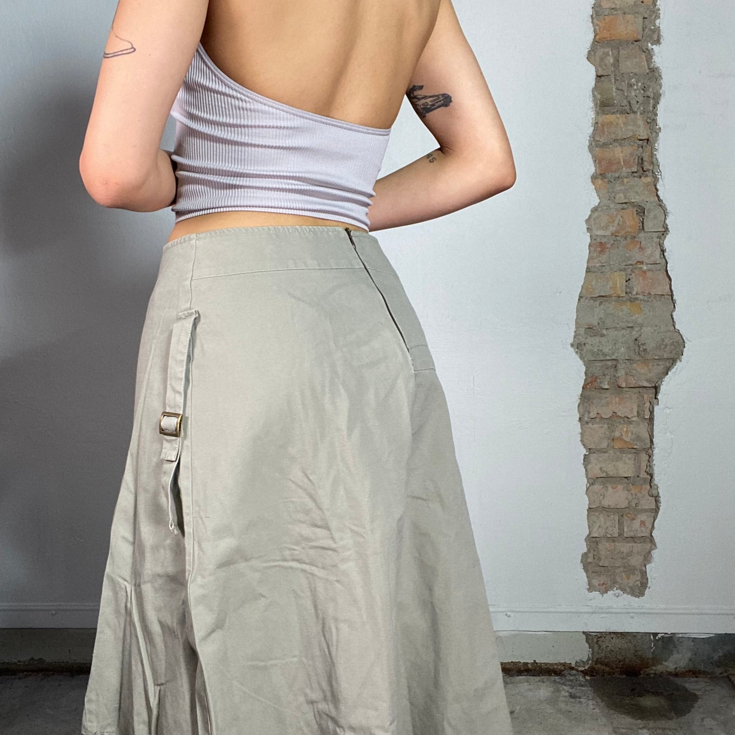 Vintage 90's Grunge Khaki Maxi Skirt with Zipper Detail (S)