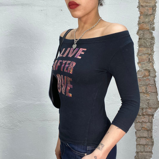 Vintage 2000's Streetstyle Black Off Shoulder Top with 'Live After Love' Print (S)