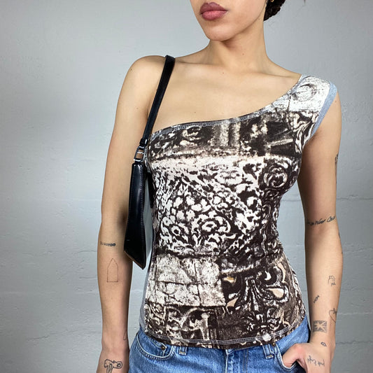 Vintage 2000's Sleaze Grey One Shoulder Top with Brown Butterfly Wing Print (S)