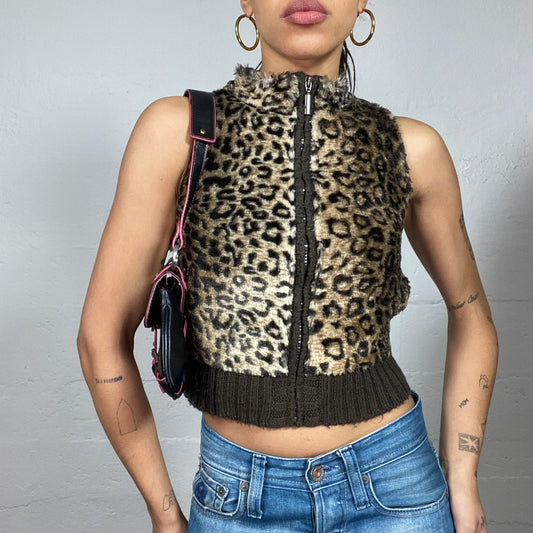 Vintage 2000's Bratz Faux Fur Brown Vest with Leopard Print (S)