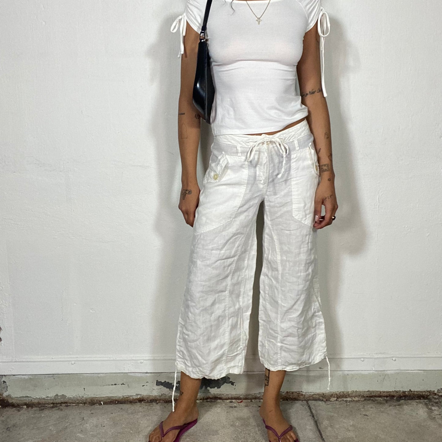 Vintage 90's Jennifer Aniston-Inspired Low Waist Linen Pants with Elastic Waist (S)