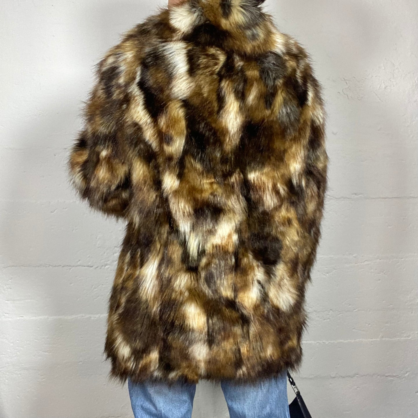 Vintage 90's Mob Wife Brown Mid Faux Fluffy Jacket with Tricolor Detail (M)