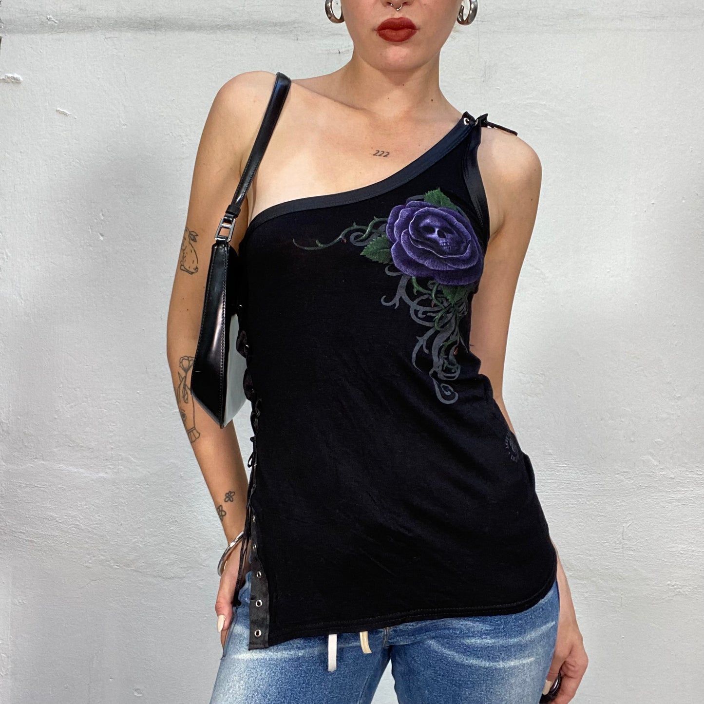 Vintage 2000's Gothic Black One Shoulder Top with Purple Skull & Rose Print and Lace Up Detail (S)