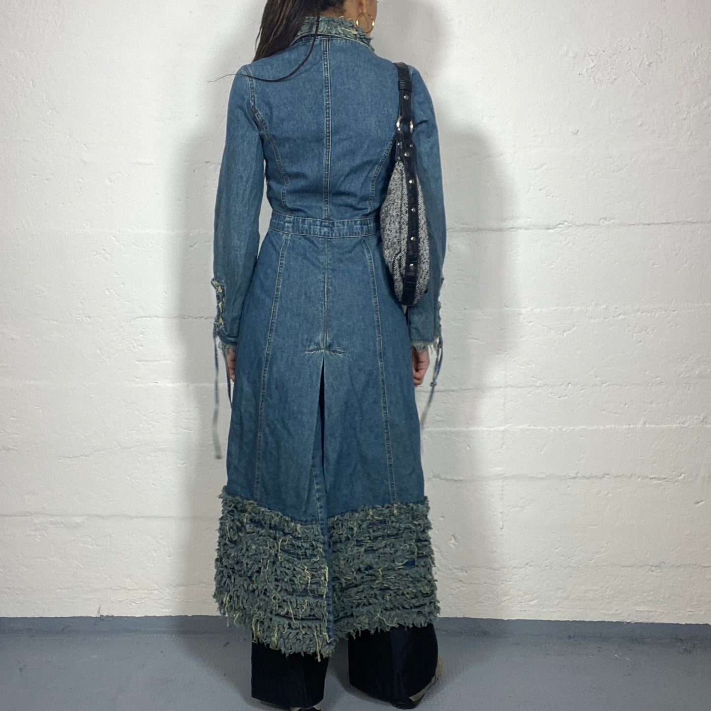 Vintage 2000's Archive Light Denim Long Coat with Raw Denim Fur Detail (S/M)