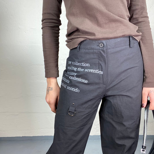 Vintage 2000's Cyber Grey Cargo Pants with Industrial Text Lettering Detail (S/M)
