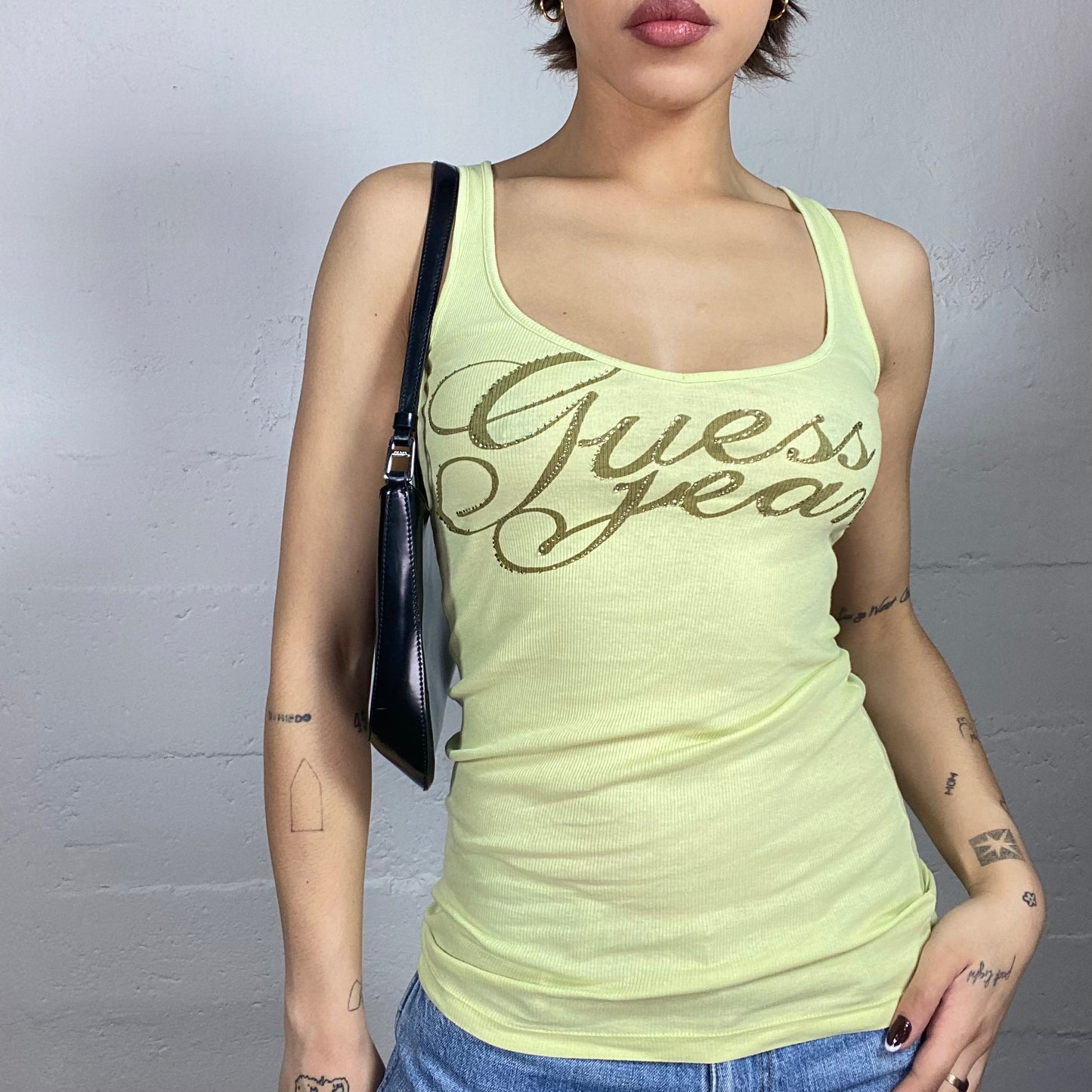Vintage 2000's Guess Downtown Girl Yellow Top with Gold Cursive "Guess Jeans" Print (S)