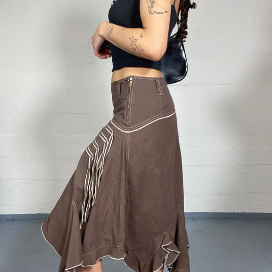 Vintage 2000's Boho Brown Deconstructed Midi Skirt with White Visible Seam Detail (S)