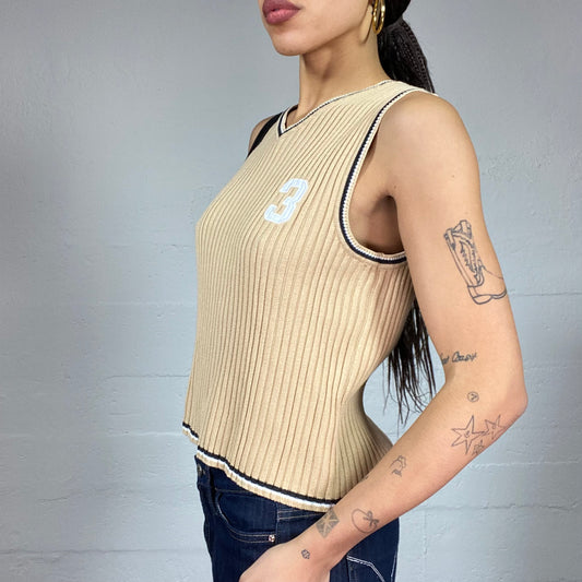 Vintage 90's Sporty Beige Vest Top with Patched "3" Detail (S)