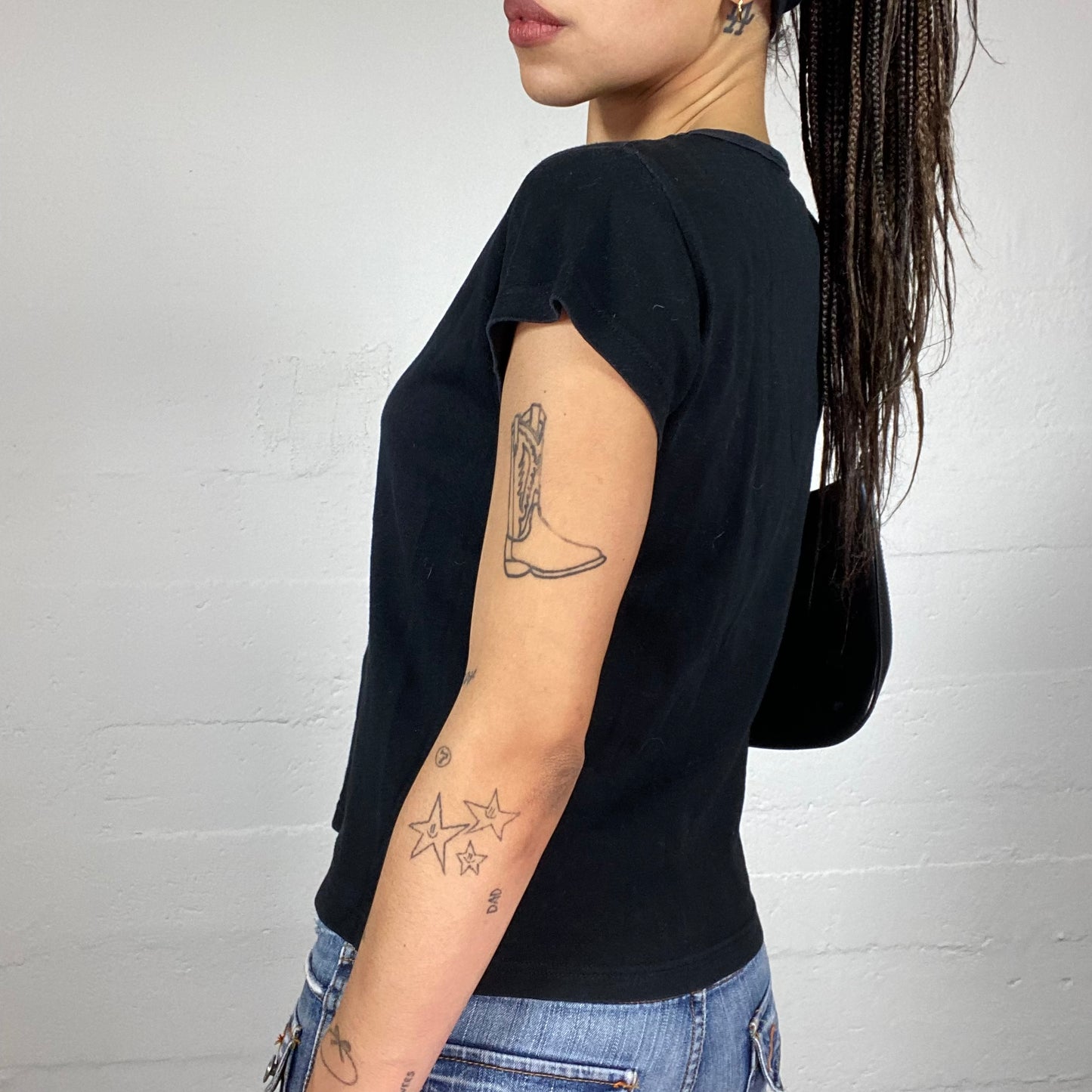 Vintage 2000's Elite Model Off Duty Black Top with White Brand Print (S)
