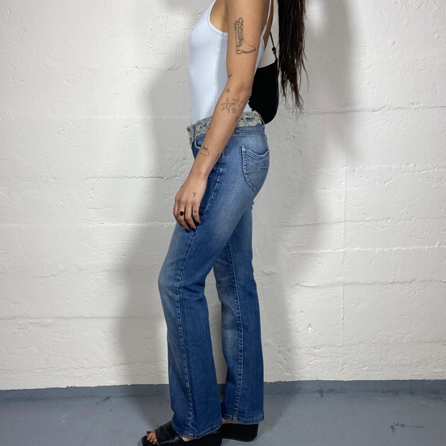 Vintage 2000's Archive Denim Boot Leg Pants with White Lace Belt Detail (S)