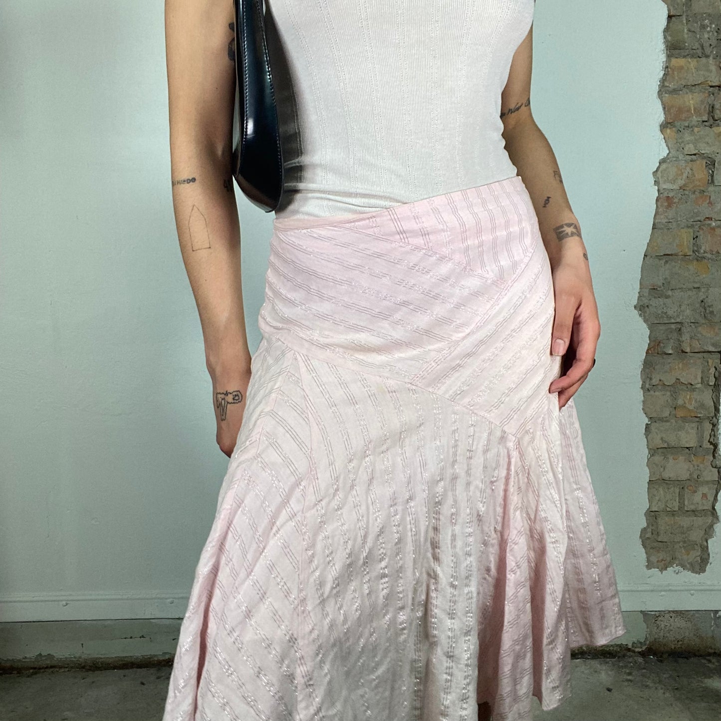 Vintage 2000's Sleaze Pink Asymmetrical Glitter Striped Midi Skirt (S/M)