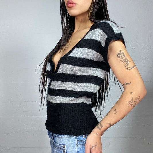 Vintage 2000's Ballet Grey Knitted Top with Stripped Print and Open Neck Detail (S/M)