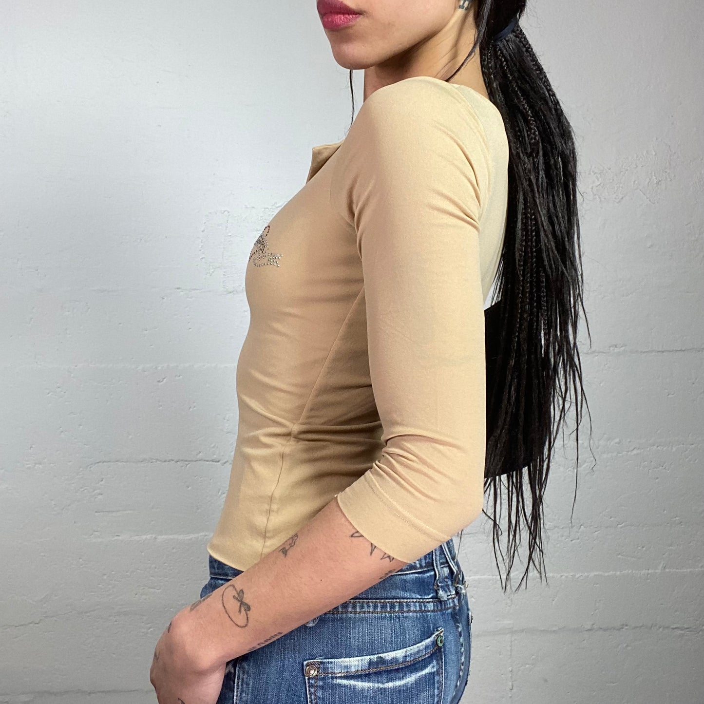 Vintage 2000's Downtown Girl Camel Longsleeve Top with Strass Heart Chest Detail (S)