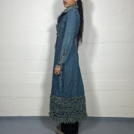 Vintage 2000's Archive Light Denim Long Coat with Raw Denim Fur Detail (S/M)