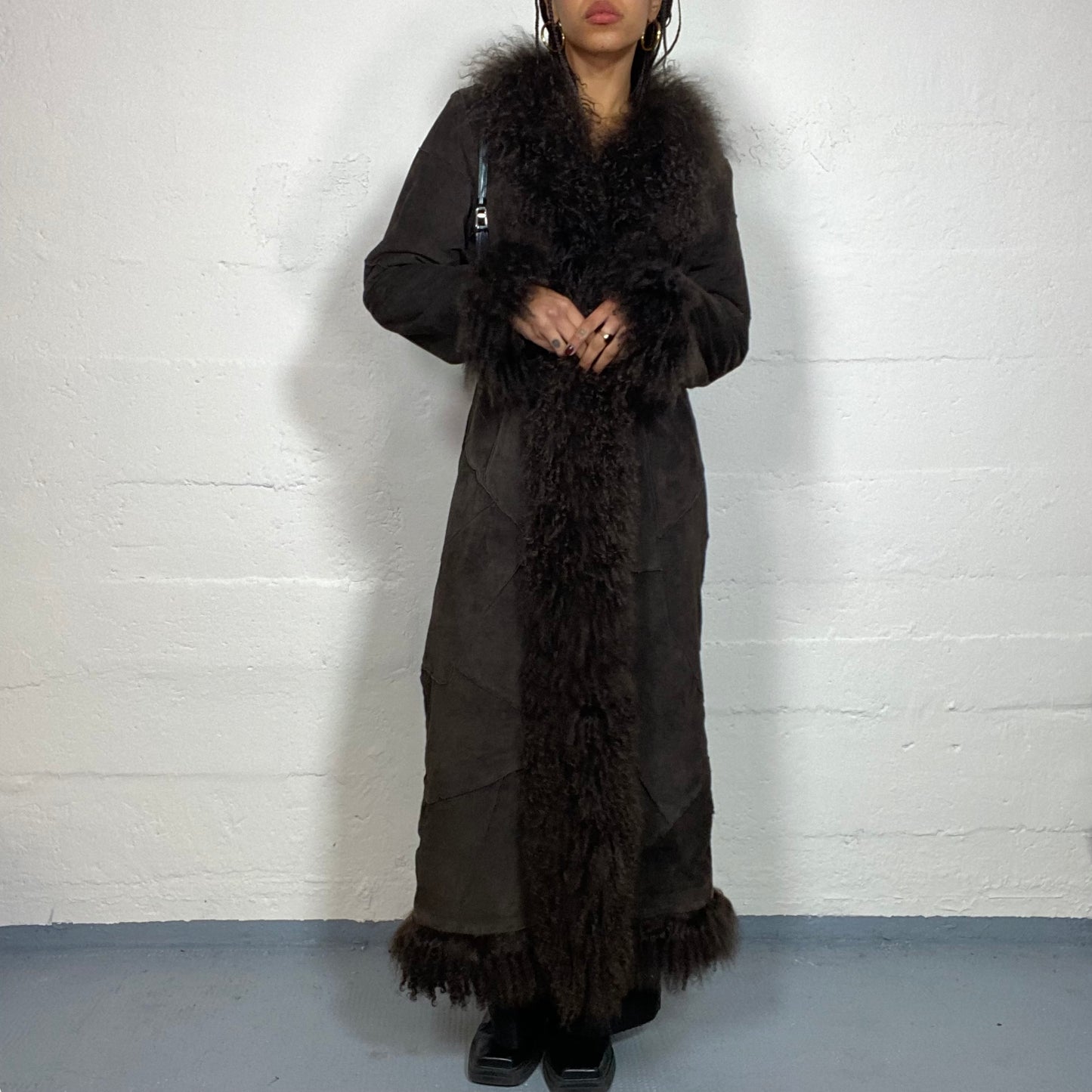 Vintage 2000's Bratz Brown Leather Long Afghan Coat with Puffy Fur Collar and Sleeve Details (S)