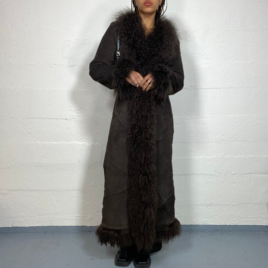 Vintage 2000's Bratz Brown Leather Long Afghan Coat with Puffy Fur Collar and Sleeve Details (S)