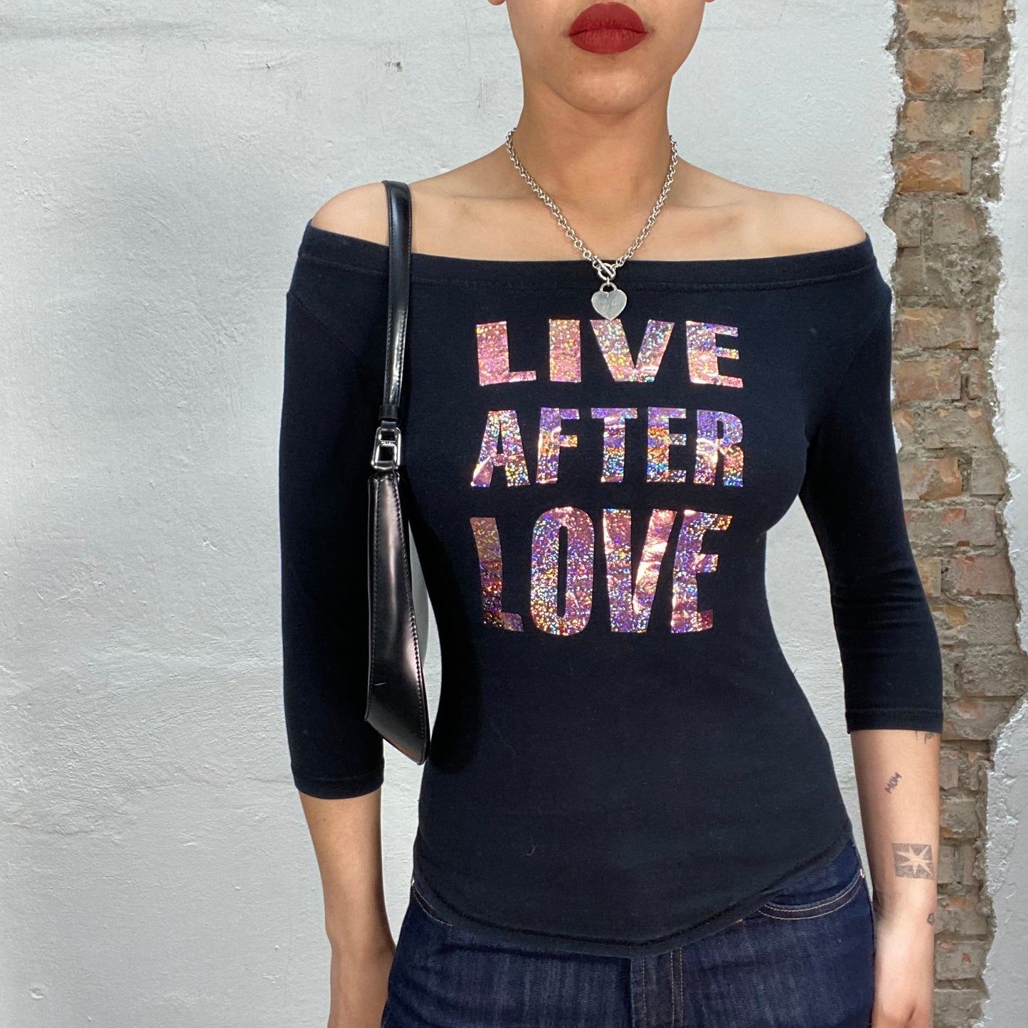 Vintage 2000's Streetstyle Black Off Shoulder Top with 'Live After Love' Print (S)