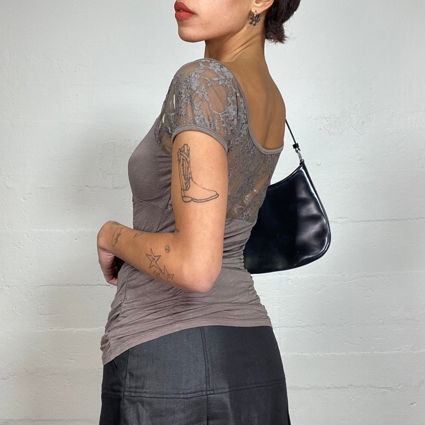 Vintage 90's Grunge Grey Top with Mesh Lace Puffed Sleeves (S)