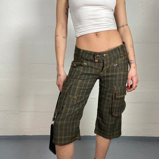 Vintage 2000's Cyber Brown Low Waist Cargo Jorts Pants with Checkered Print and Orange Contrast Seam Detail (S)