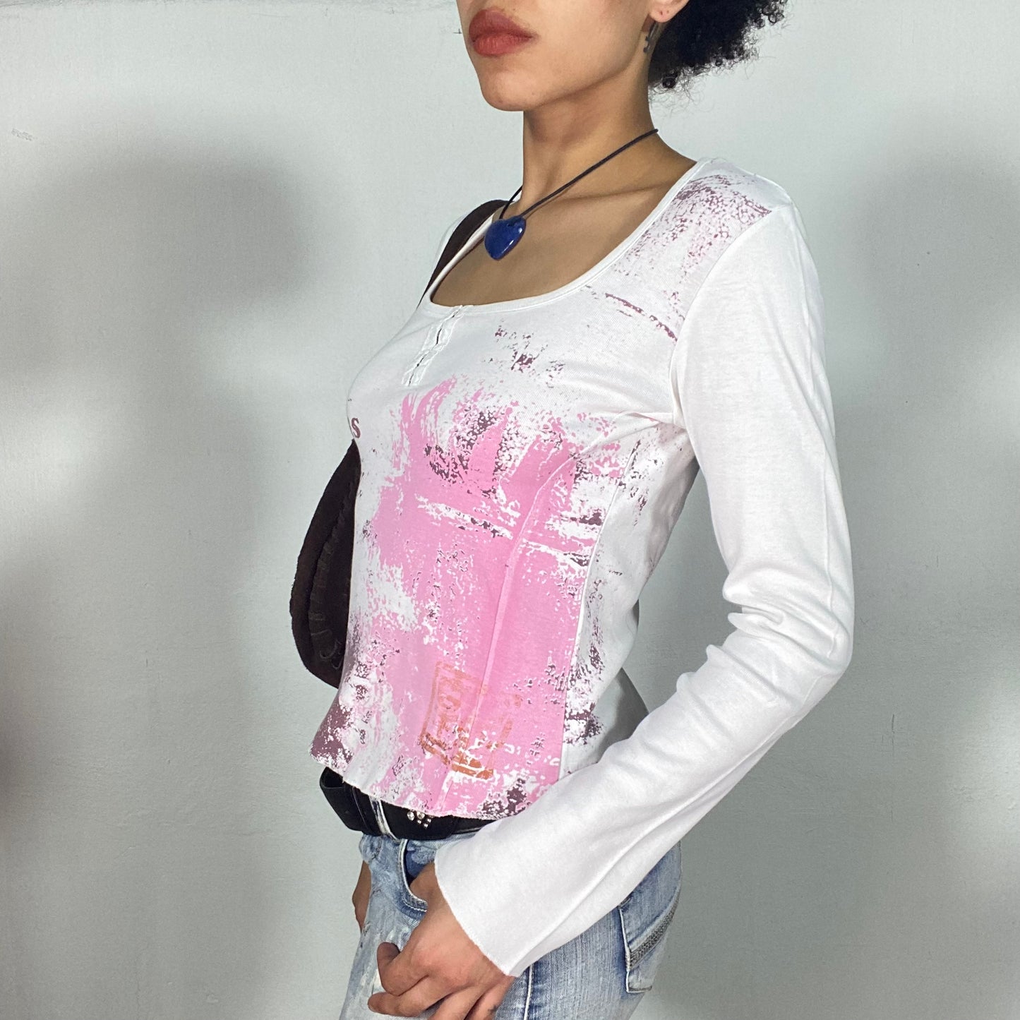 Vintage 2000's Grunge White Longsleeve with Pink Paint Print and Hook and Eye Detail (S/M)