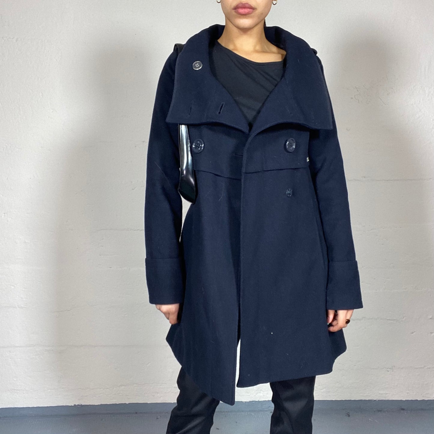 Vintage 2000's Miss Sixty Classic Navy Blue Long Coat with Maxi High Collar and Buttons Detail (M)