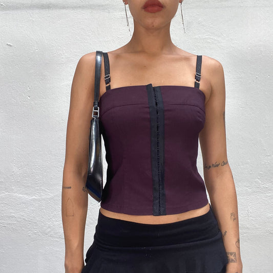 Vintage 90's Clubwear Deep Purple Corset Top with Black Trim and Hooks (S)