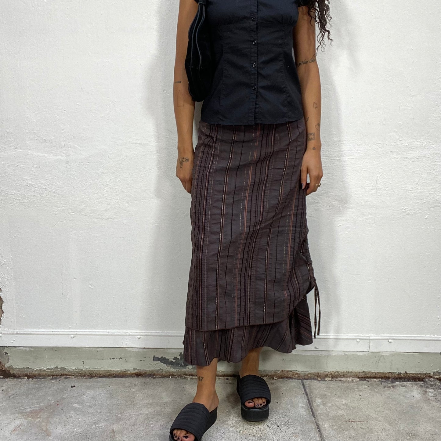 Vintage 2000's Techwear Striped Layered Maxi Skirt with Striped Print (S)