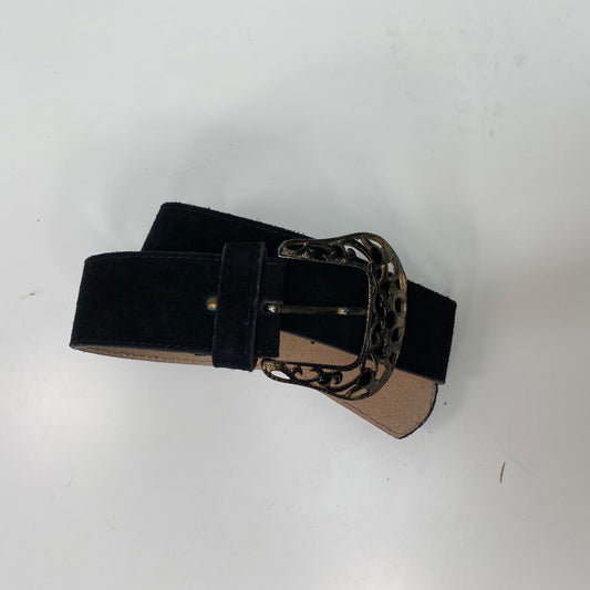 Vintage 2000's Western Faux Suede Black Belt with Big Bras Buckle