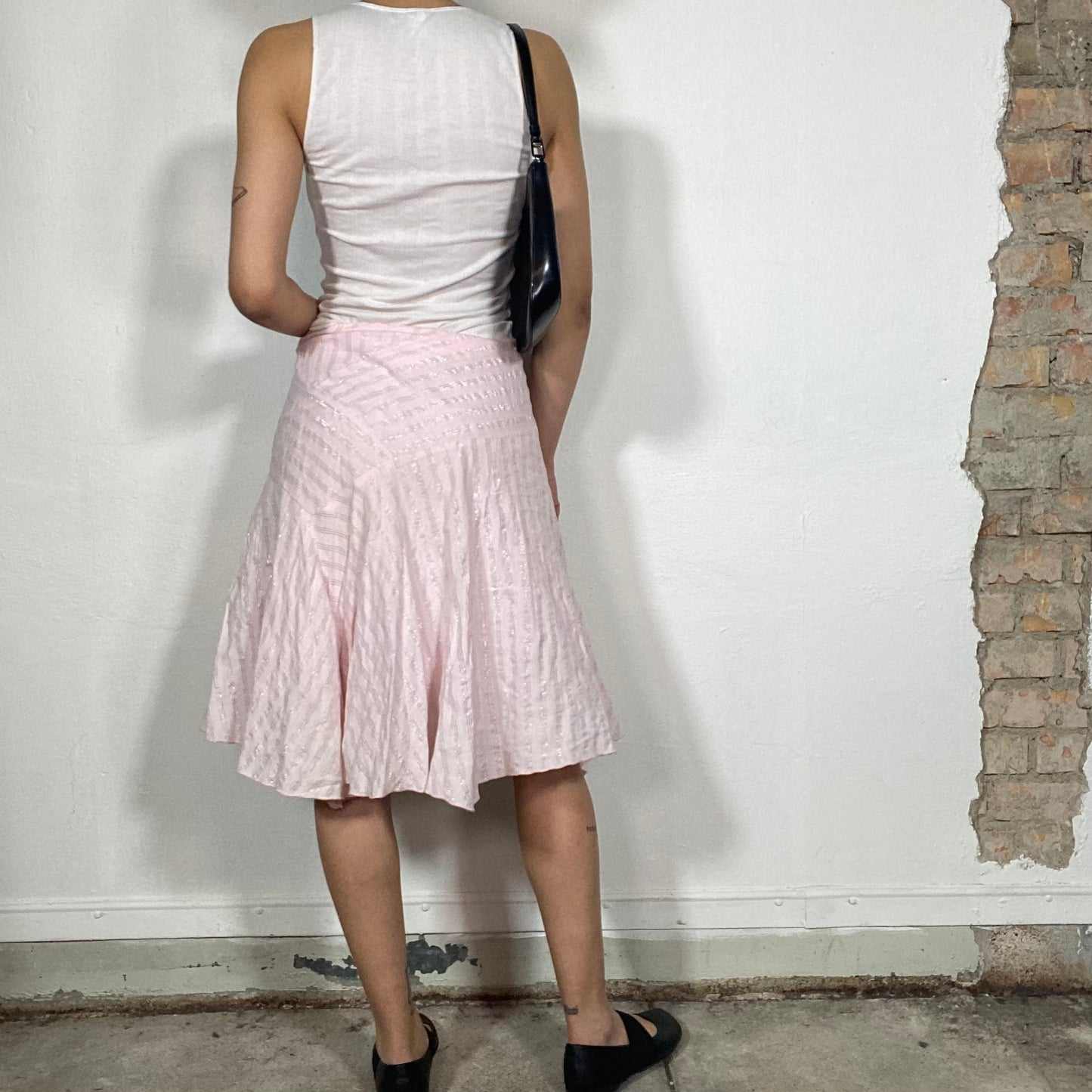 Vintage 2000's Sleaze Pink Asymmetrical Glitter Striped Midi Skirt (S/M)