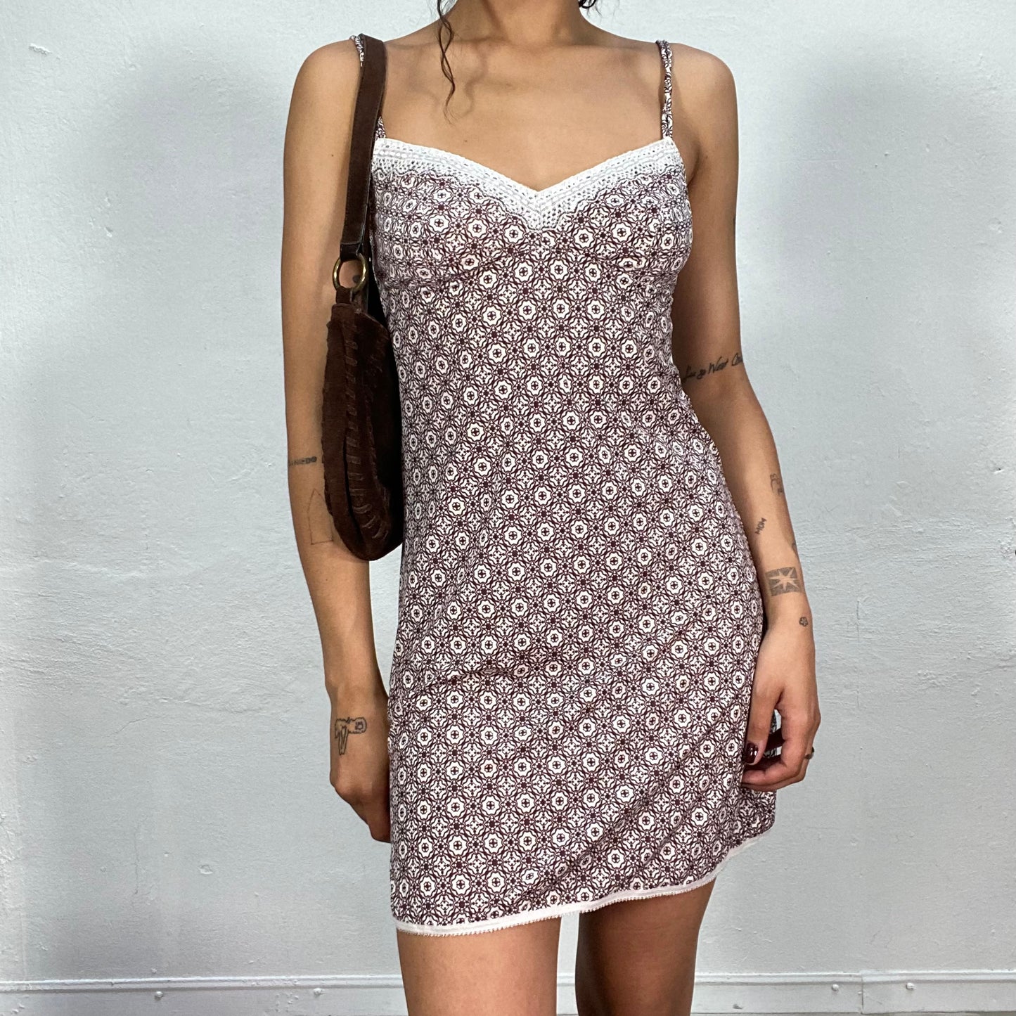 Vintage 90's Indie Brown Cami Dress with Mosaic Pattern (S)