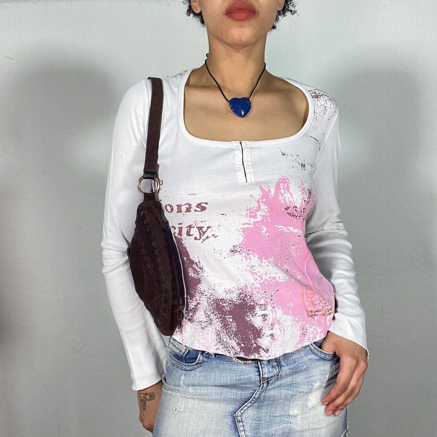 Vintage 2000's Grunge White Longsleeve with Pink Paint Print and Hook and Eye Detail (S/M)