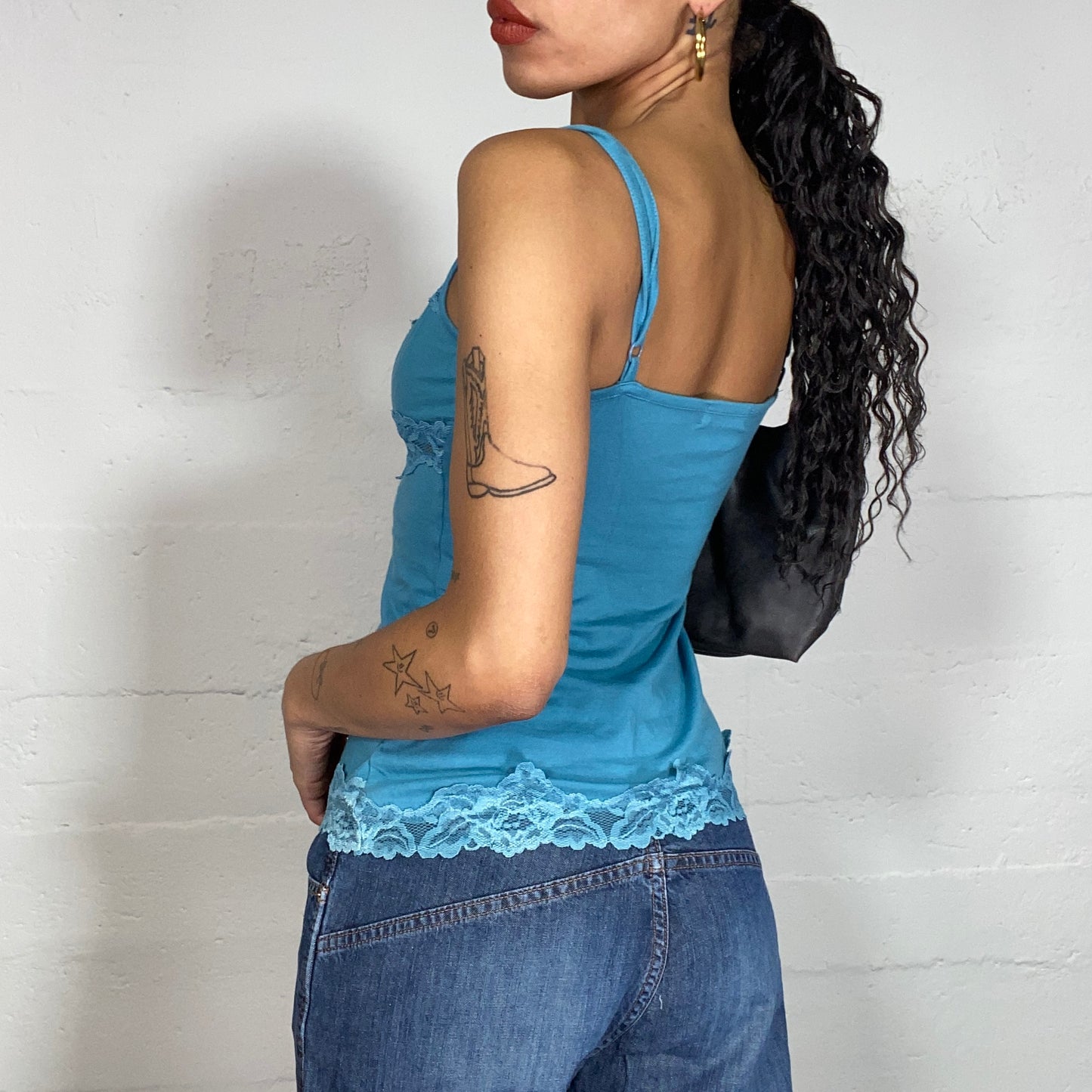 Vintage 90's Coquette Aqua Blue Top with Lace Trim Detail (S)