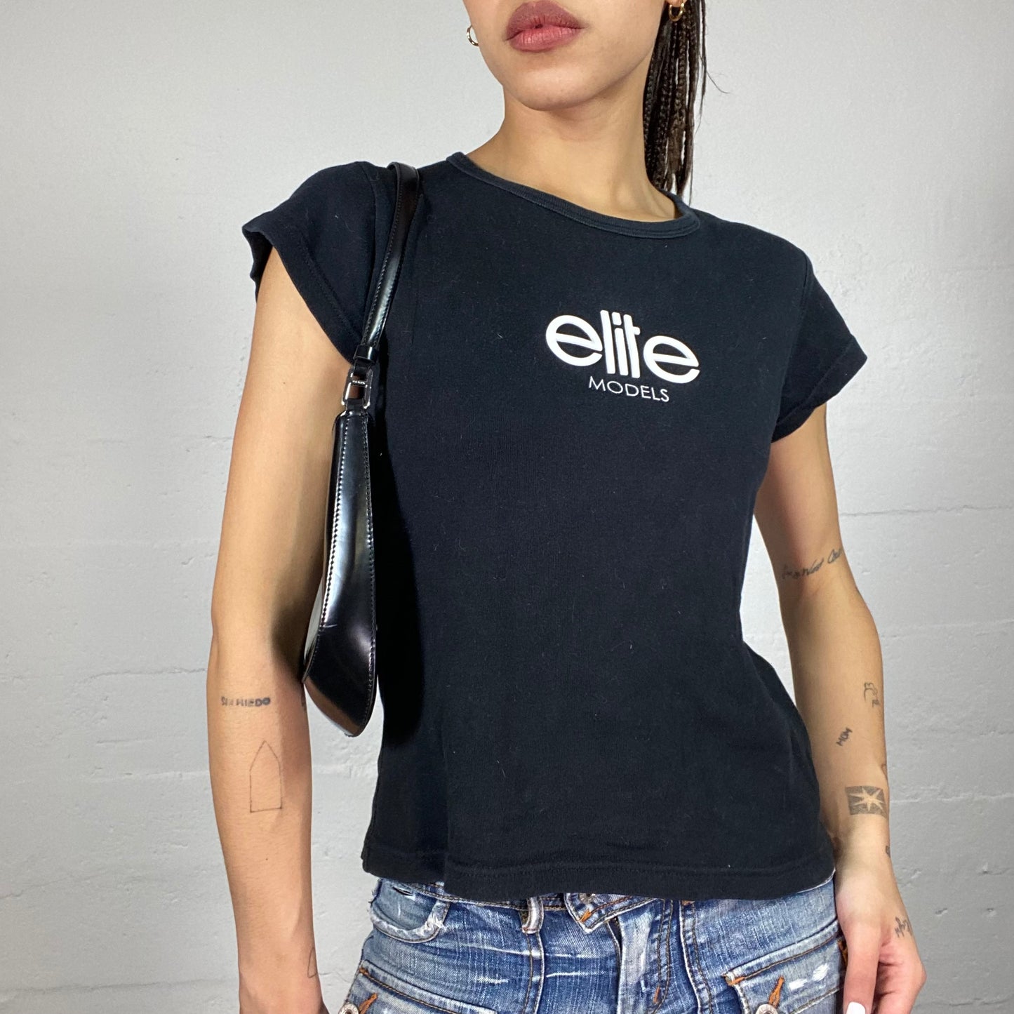 Vintage 2000's Elite Model Off Duty Black Top with White Brand Print (S)