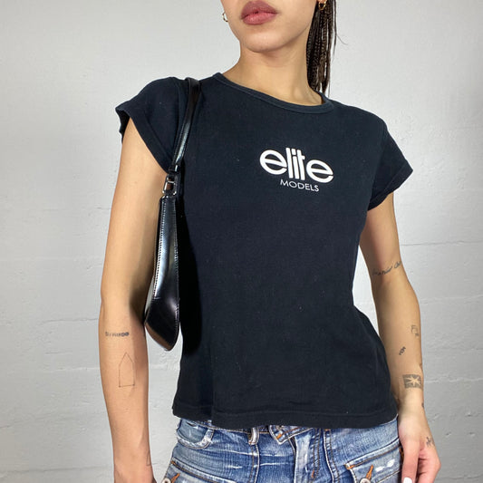 Vintage 2000's Elite Model Off Duty Black Top with White Brand Print (S)