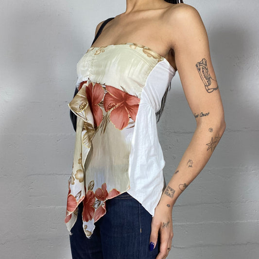Vintage 2000's Hawaii White Strapless Asymmetric Top with Hibiscus Maxi Floral Print (S/M)