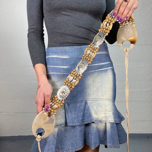 Vintage 2000's Boho Brown Lace Up Belt with Beads Detail